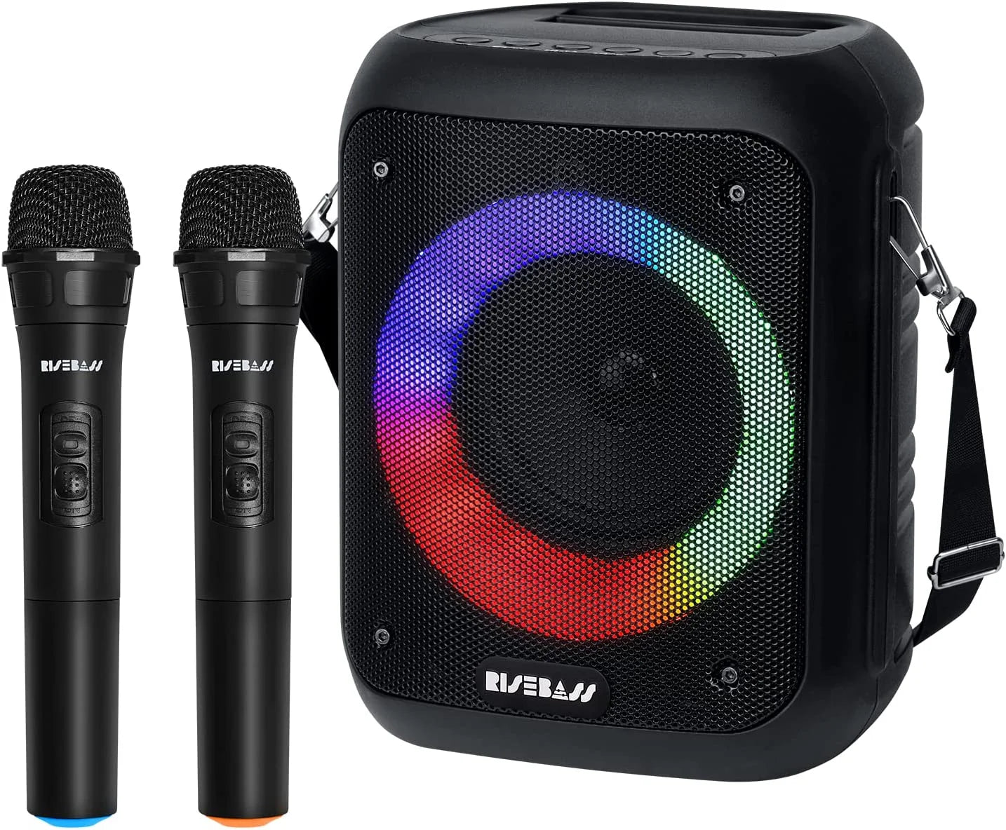 Portable Karaoke Machine with 2 Wireless Microphones - Bluetooth Rechargeable Speaker with USB/SD/TF Card Support, Aux-In, Voice Record, Tripod Screw Mount and Phone Slot