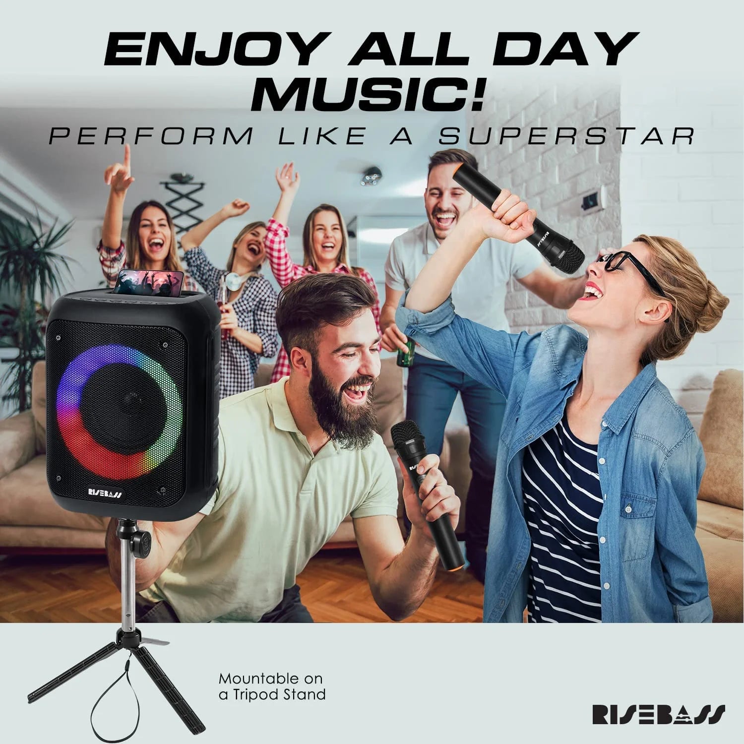 Portable Karaoke Machine with 2 Wireless Microphones - Bluetooth Rechargeable Speaker with USB/SD/TF Card Support, Aux-In, Voice Record, Tripod Screw Mount and Phone Slot