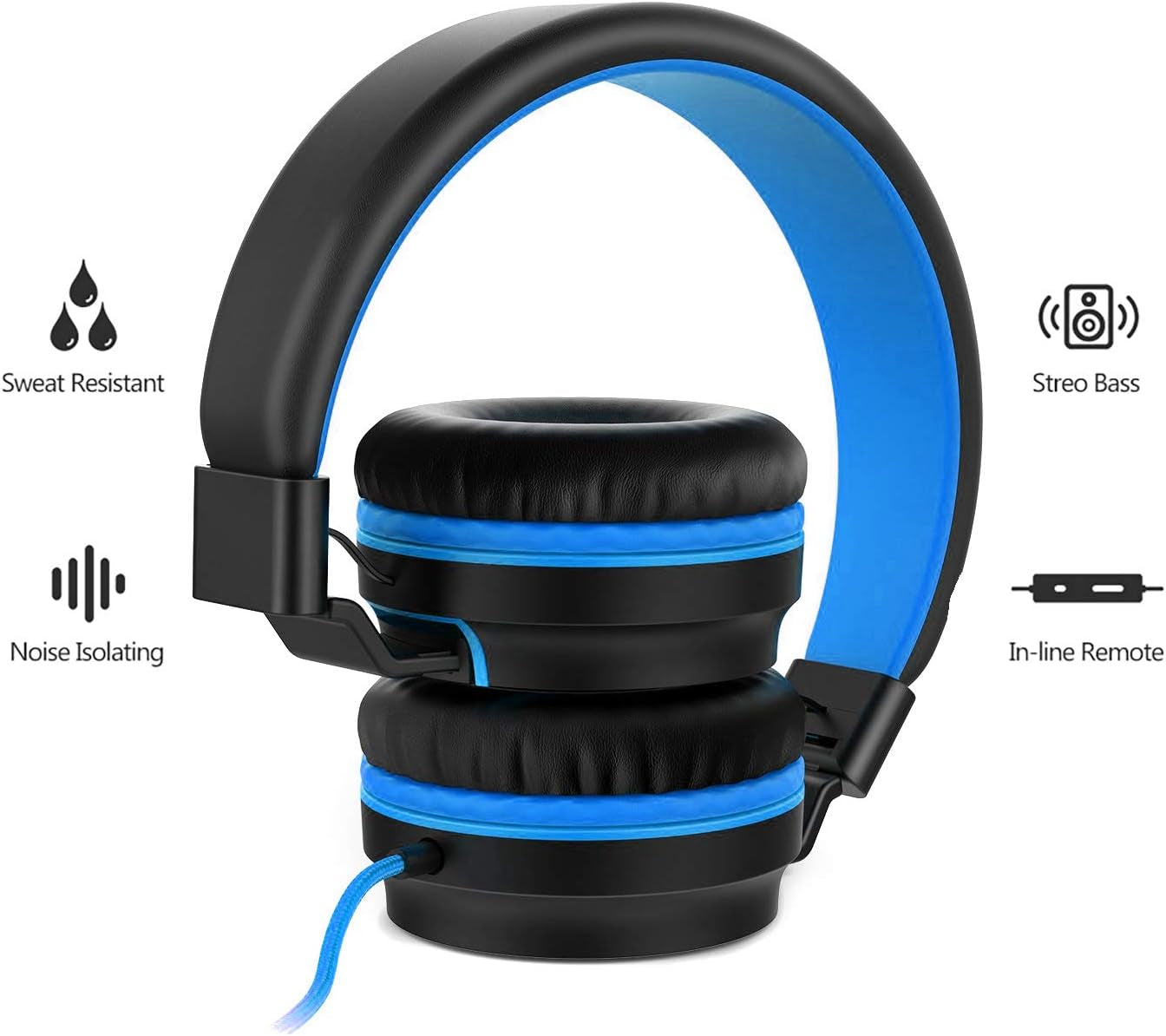 I36 Kids Headphones Children Girls Boys Teens Foldable Adjustable on Ear Headphones 3.5Mm Jack Compatible Cellphones Computer Kindle MP3/4 School Tablet Black/Blue